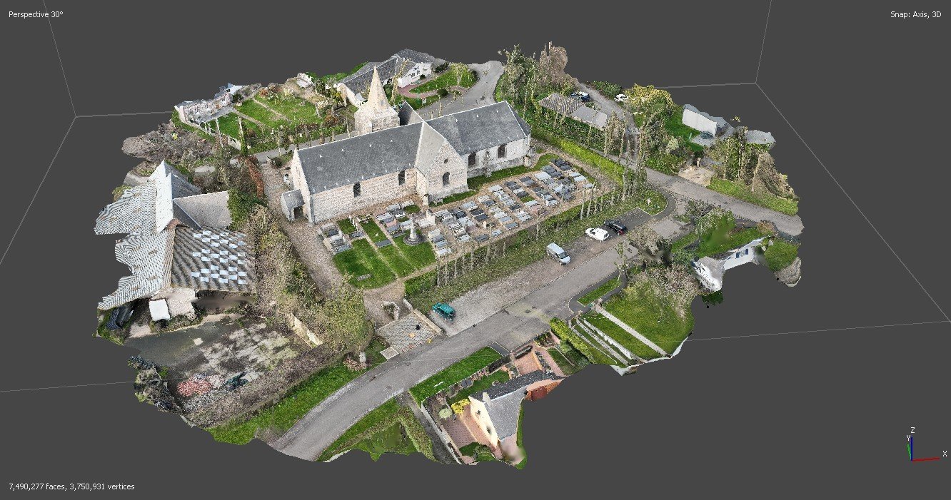 Modèle photogrammétrique 3D d’un ensemble bâti et de son environnement, produit à partir de prises de vues par drone