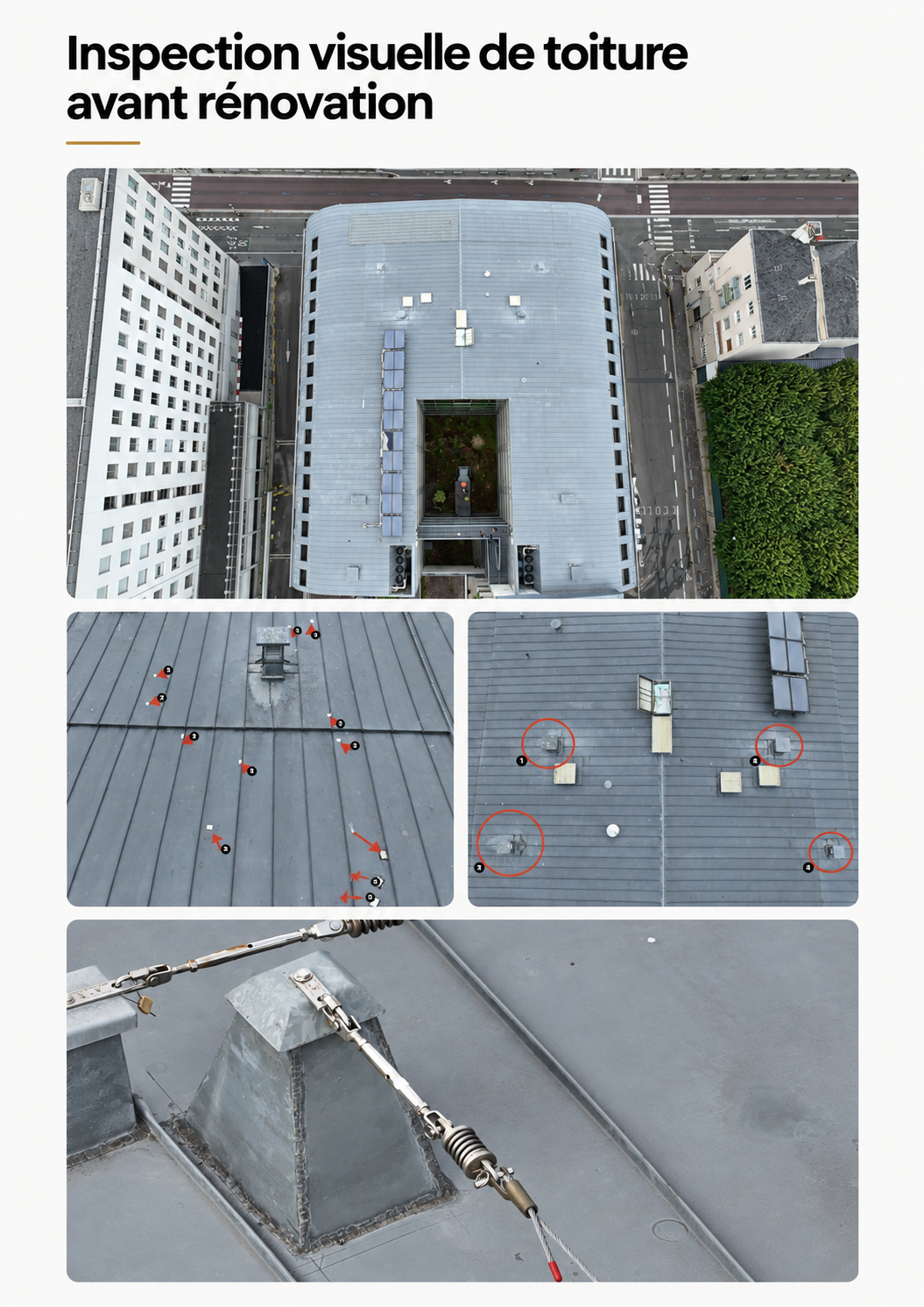 Planche d'inspection visuelle de toiture avant rénovation : vue aérienne générale, détails de couverture annotés et dispositif de ligne de vie visible