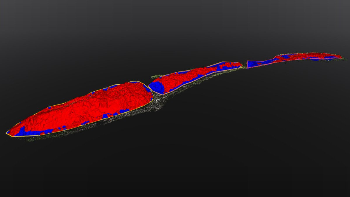 Cubature par drone : analyse de plusieurs zones de volume sur modèle 3D en rouge et bleu